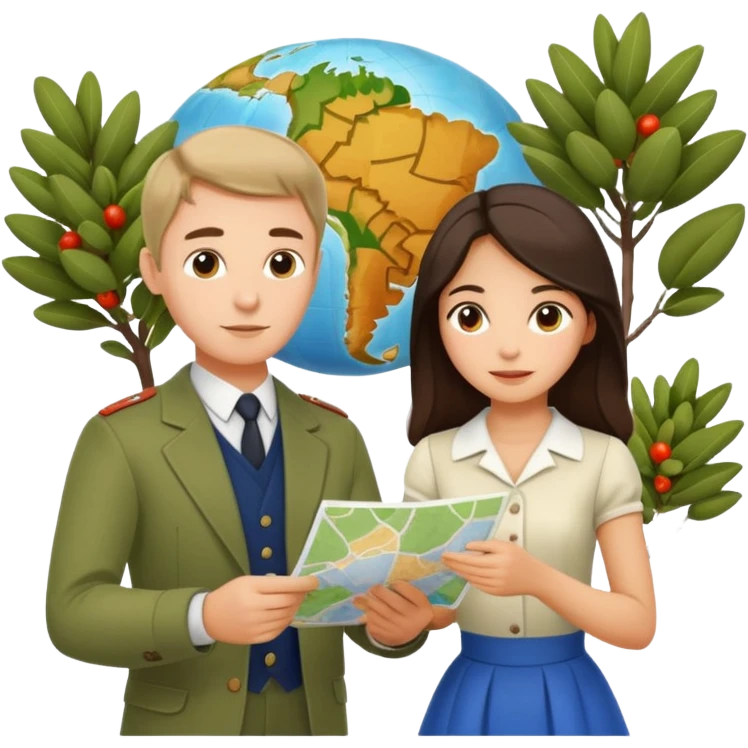 Russian man and elegant spanish girl in cute outfits with a map planning plants emoji