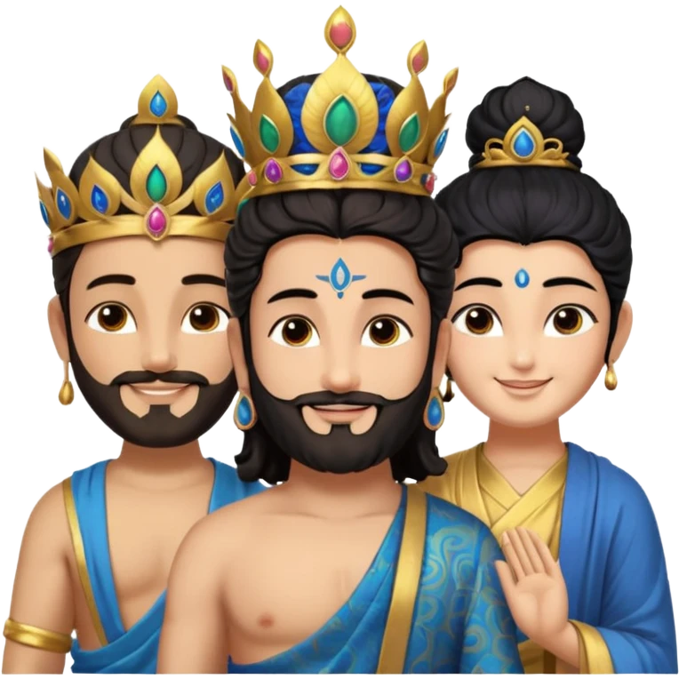 Create a Jesus, Krishna, and Buddha standing together. Buddha: warm golden or light tan skin, dark curled hair with a traditional top bun (ushnisha), half-closed meditative eyes

 emoji