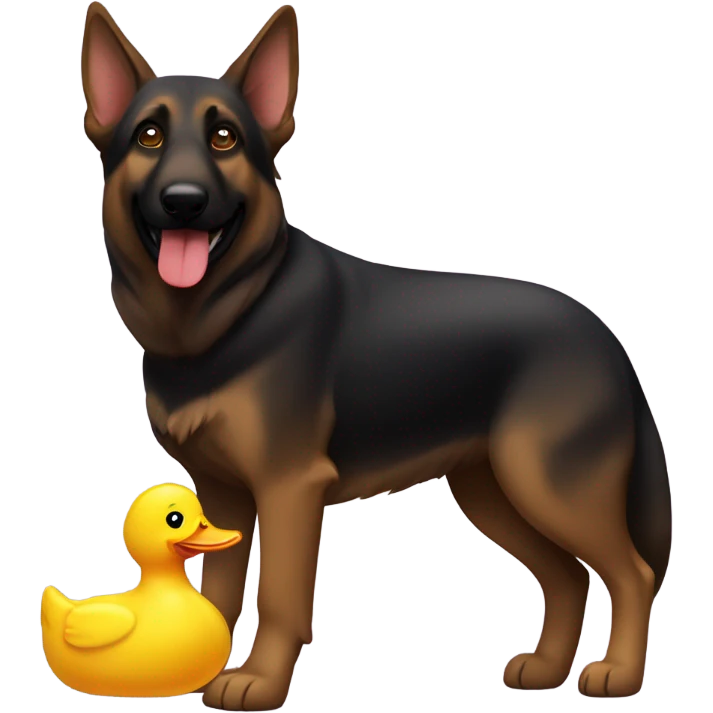 Dark brown German shepherd with a squeaky duck toy emoji
