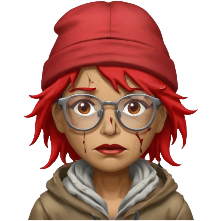 very dirty looking homeless woman with ripped red hat with ugly hair and glassess emoji