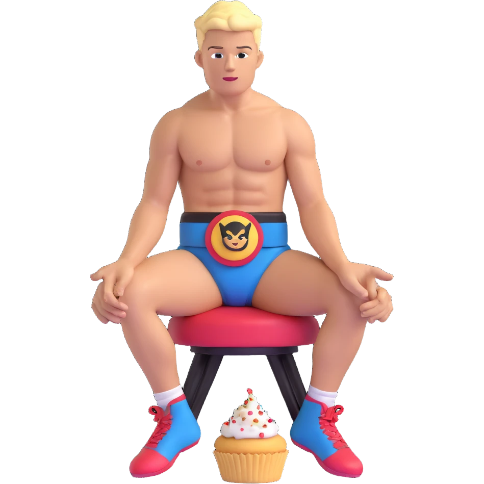 Add a wrestling belt to Cody Rhodes as he sits on the cupcake in 3D emoji style, no background. emoji