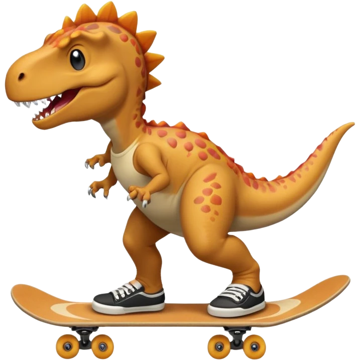 Dinosaur skateboarding at the skate park wearing a t-shirt and doing six seven emoji