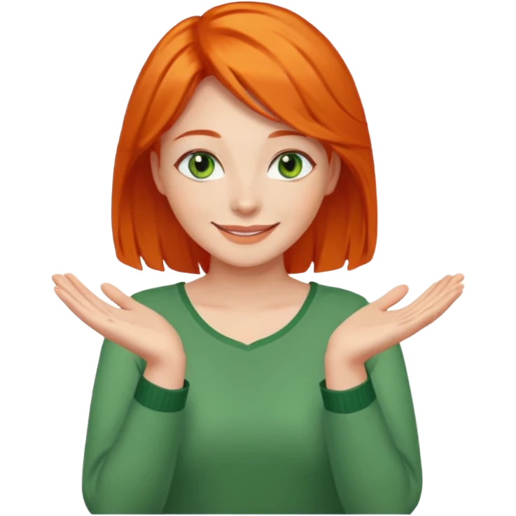 woman with green eyes and orange hair putting her pis on her shoulders (pose) happily  emoji