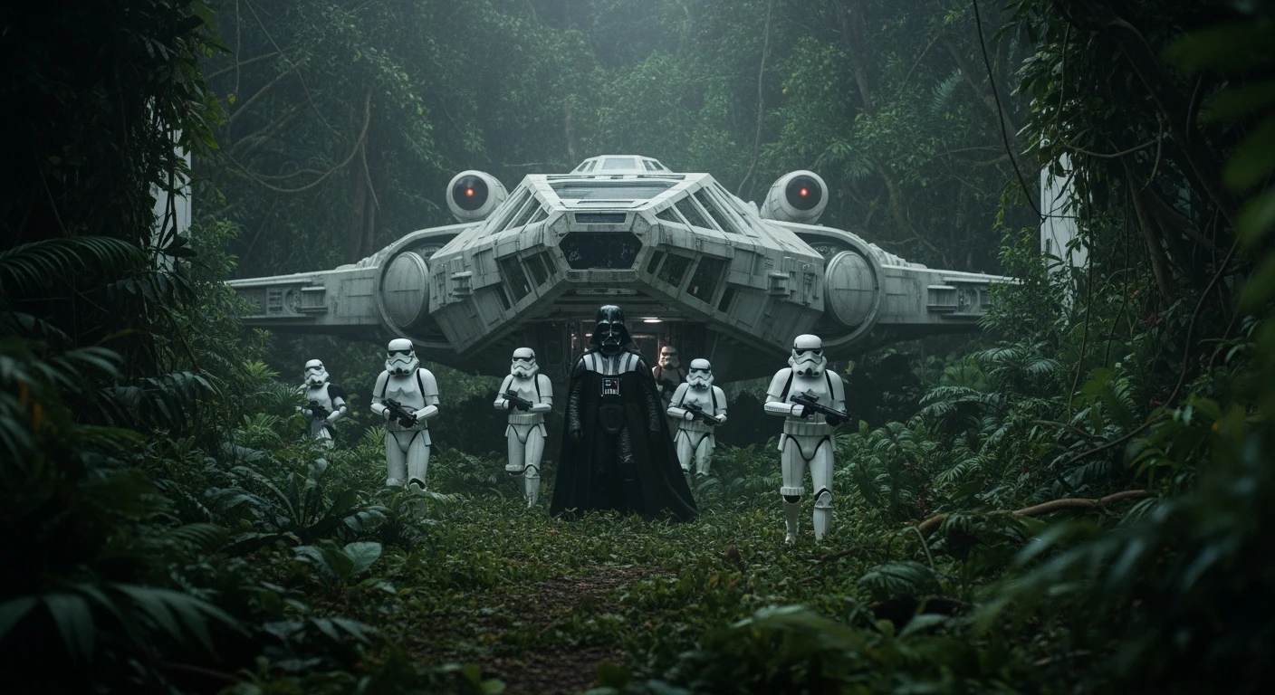 cinematic still, Medium shot, amazon jungle, Darth Vader around stormtroopers coming out from starship on ground, they are exploring the jungle, inspired by StarWars movie, captured by arri alexa emoji