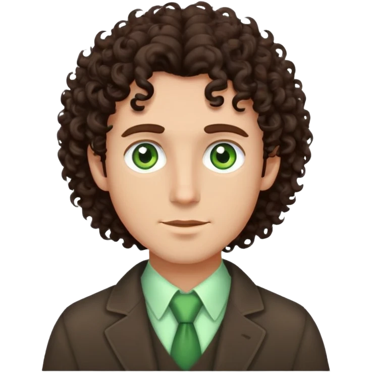 man with waist-length dark brown curly hair and light green eyes emoji