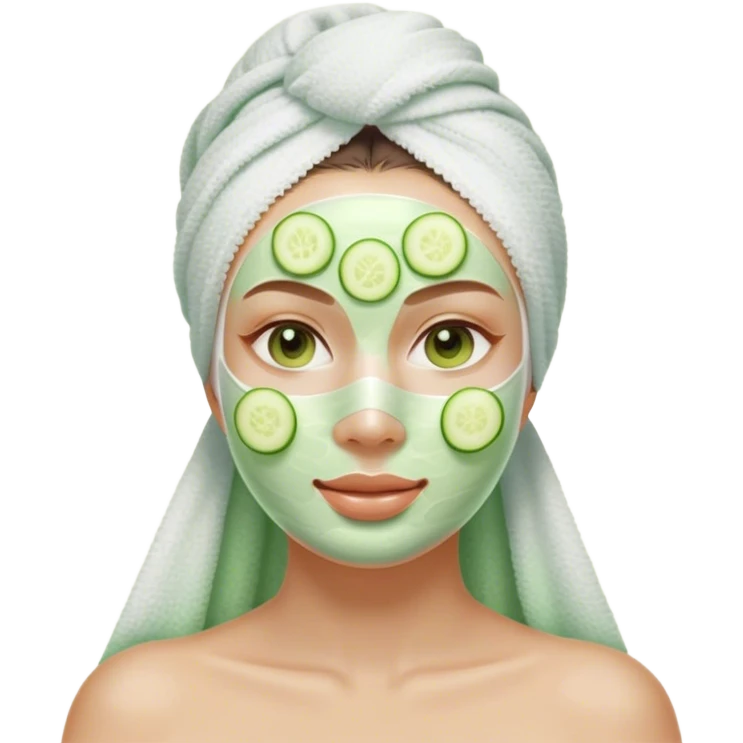 "Aesthetic digital emoji of a young woman with a white towel wrap, green facial mask, and cucumber slices over her eyes, with a soft glow and subtle shading, pastel spa background." emoji
