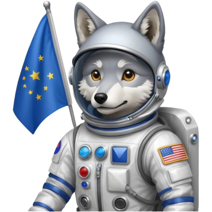 a wolf in space suit, holding blue rectangle flag emoji