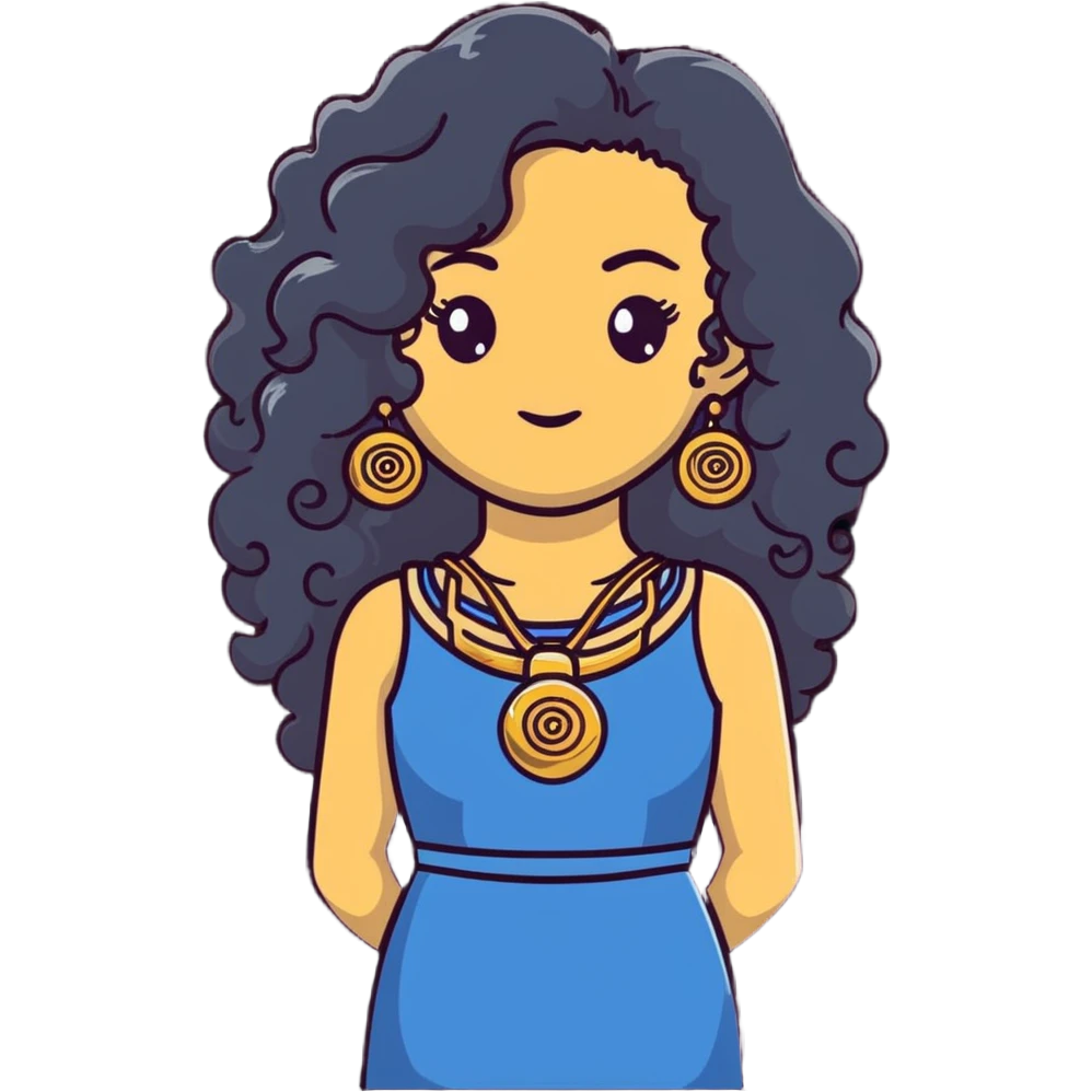 pretty Greek girl with big puffy long curly hair, gold statement earrings and necklace, cute modern dress emoji