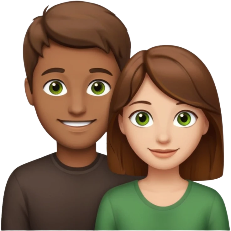 A boyfriend with light brown hair and green eyes next to his girlfriend with dark brown hair and dark brown eyes both are white emoji