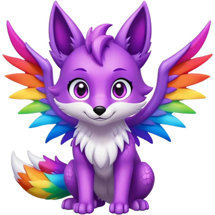 Cartoon Fox dragon hybrid purple eyes with wings face front full body rainbow colored emoji