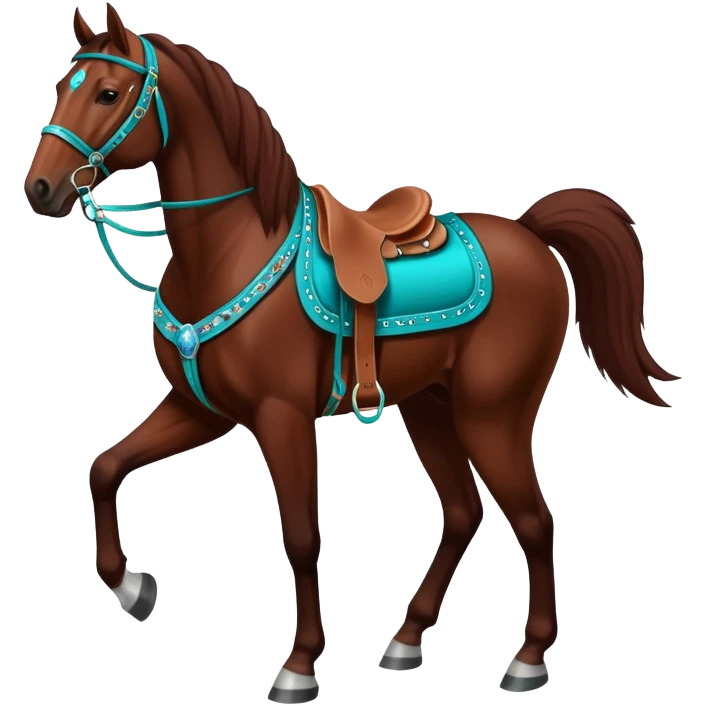 Dark chestnut horse with turquoise western tack full body standing still emoji