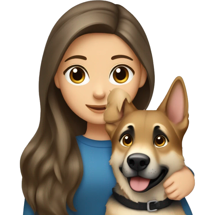 Brunette girl with blonde highlights and blue eyes cuddled with a German shepherd  emoji
