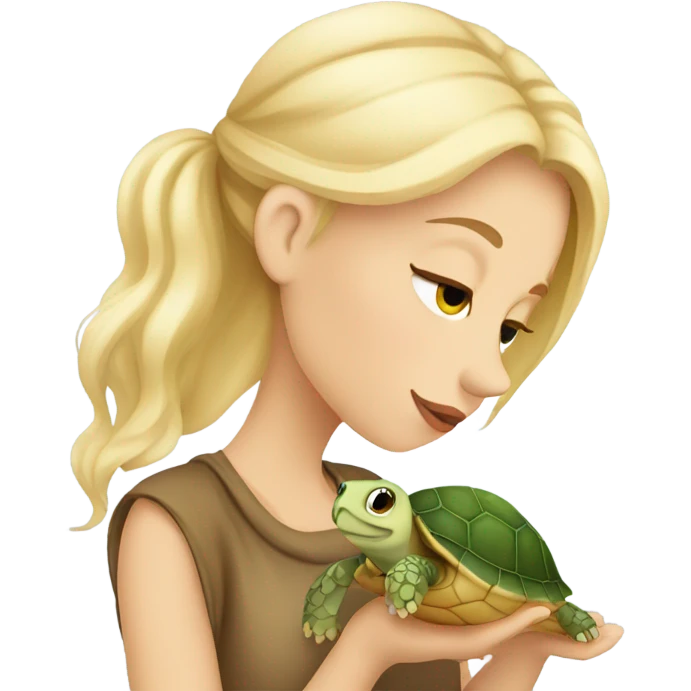 European girl with blond hair kiss little turtle emoji