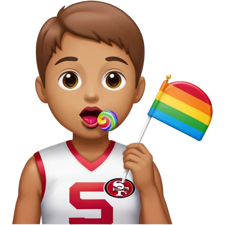 Gay pride 49ers fan licking rainbow lollipop and holding rainbow flag emoji
