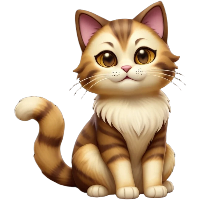 cinematic-[showshoe cat]-realistic-full-body-sitting-emoji,-tail-curled-playfully-around-its-paws,-head-tilted-dramatically,-fluffy-[brown mask]-fur,-simplified-yet-realistic-focused-features,-highly-detailed,-glowing-with-an-almost-sarcastic-glow emoji