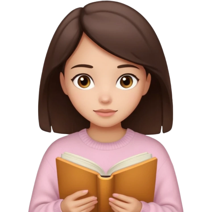 Pretty brown eyed brunette girl with light pink sweater reading cozy emoji