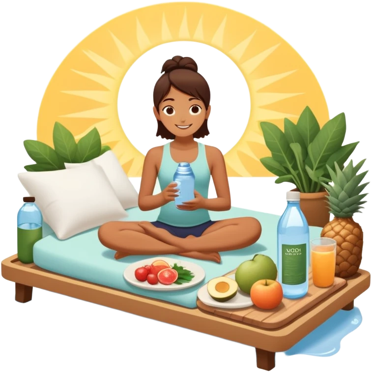 A person in the sun, with a plate of whole foods, water bottle, and glowing bed behind them. Nearby, smiling friends gather—symbolizing balance, healing, and connection through simple daily rituals. emoji