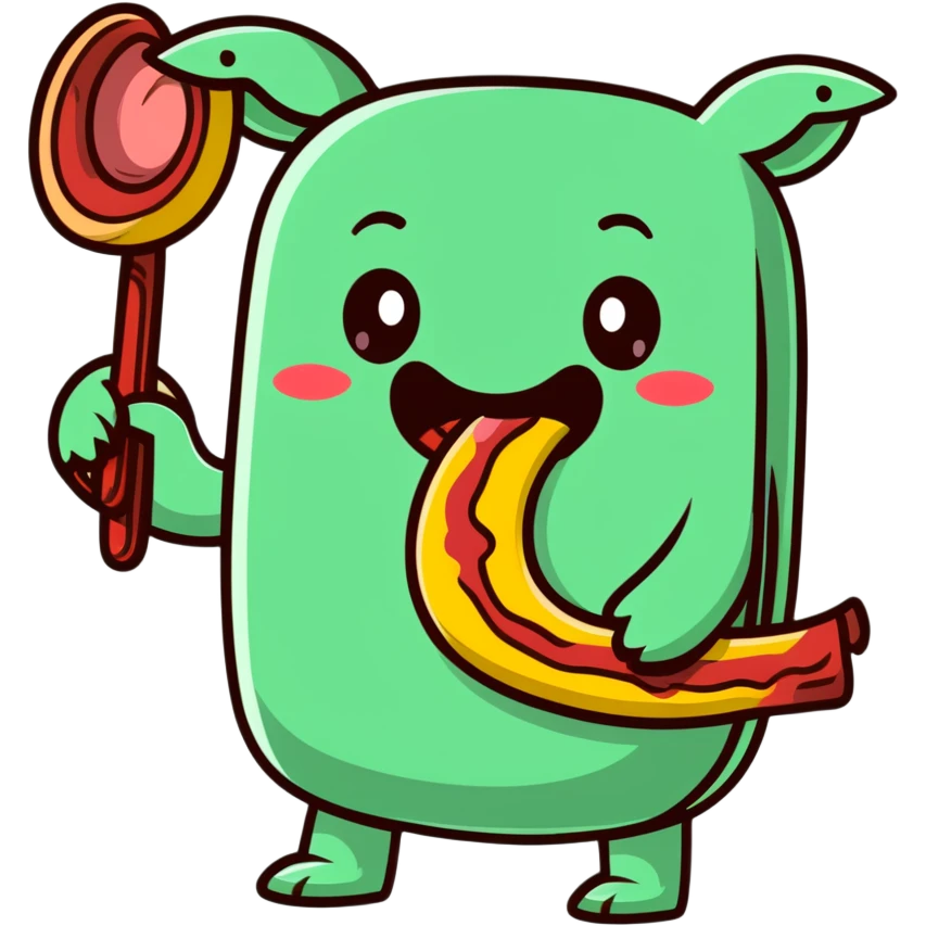 tongue out emoji holding a bacon strip, exaggerated expression emoji