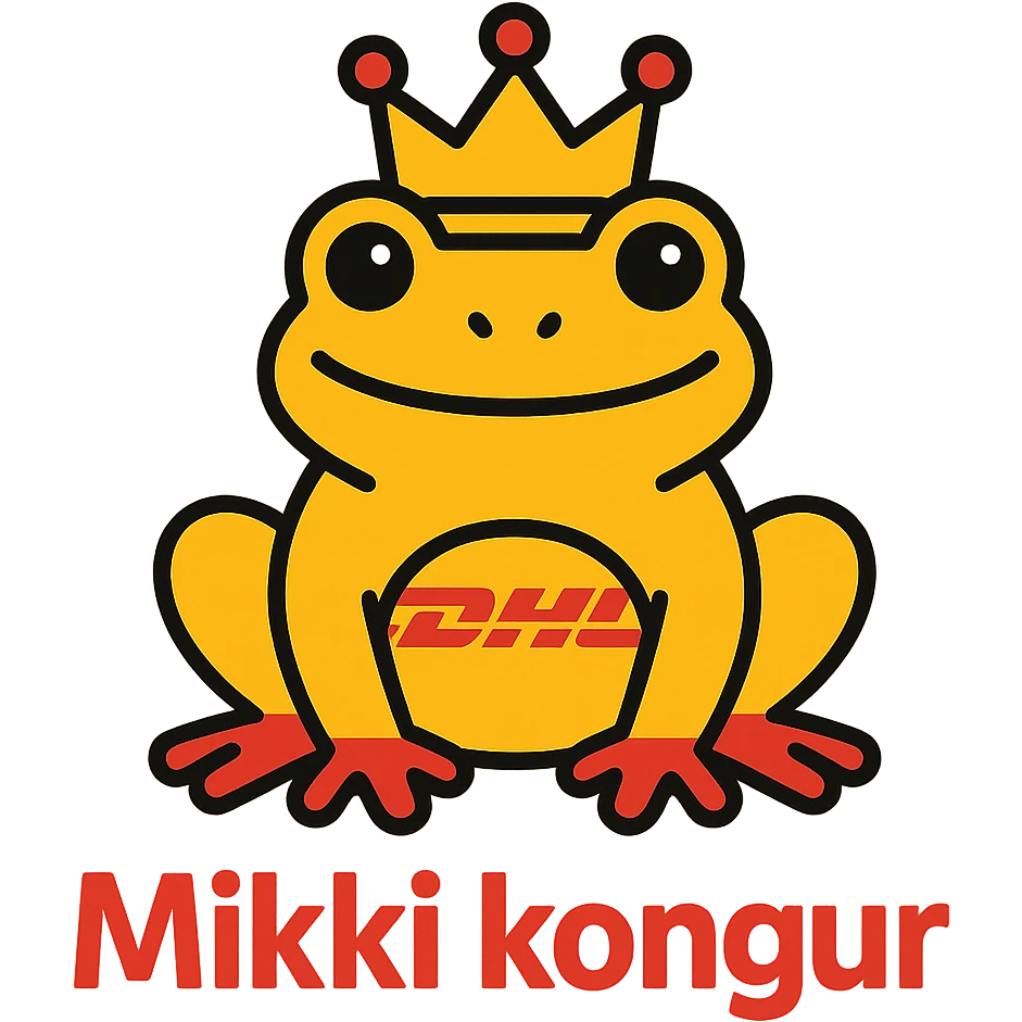 royal frog in DHL Express colors wearing a crown with the text 'Mikki kongur' in a bold friendly font, modern clean icon style emoji