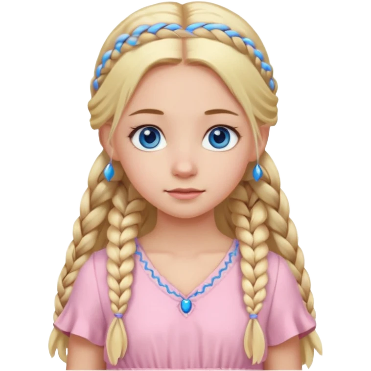 فتاة لون عيونها ازرق ولون شعرها اشقر طويل و تسريحة الشعر ضفرتين ولابسة فستان وردي فاتح  emoji