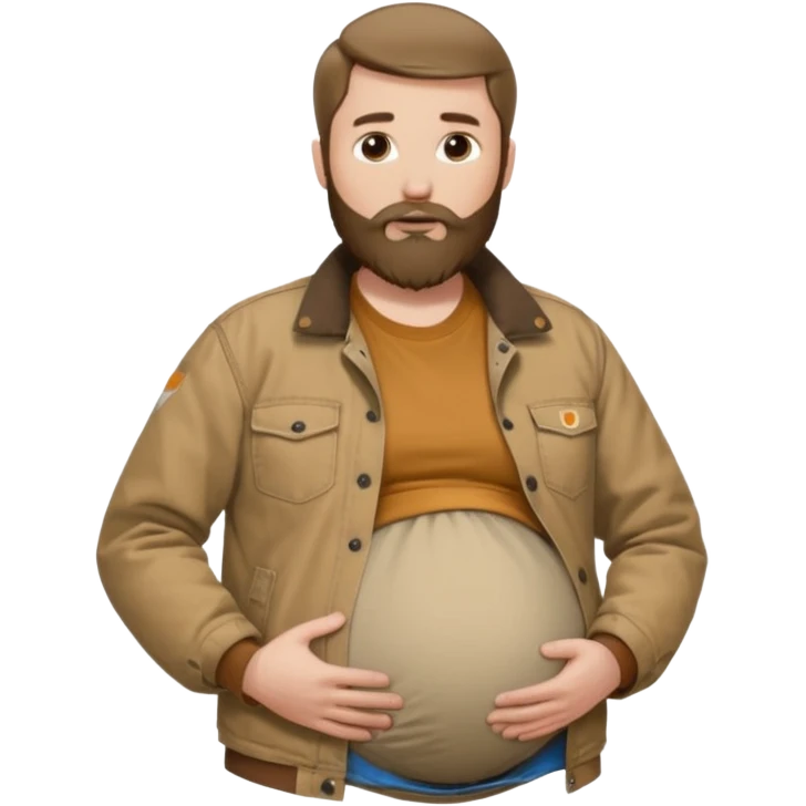Bearded man rubbing pregnant belly poking out of shirt wearing a tan canvas carhartt jacket emoji