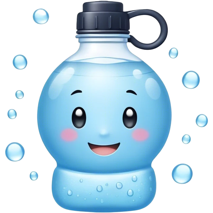 Cute Kawaii Water Bottle, round and bubbly, soft blue with tiny water droplets around, a happy smiling face, gentle glowing highlights, fresh and refreshing vibes! emoji