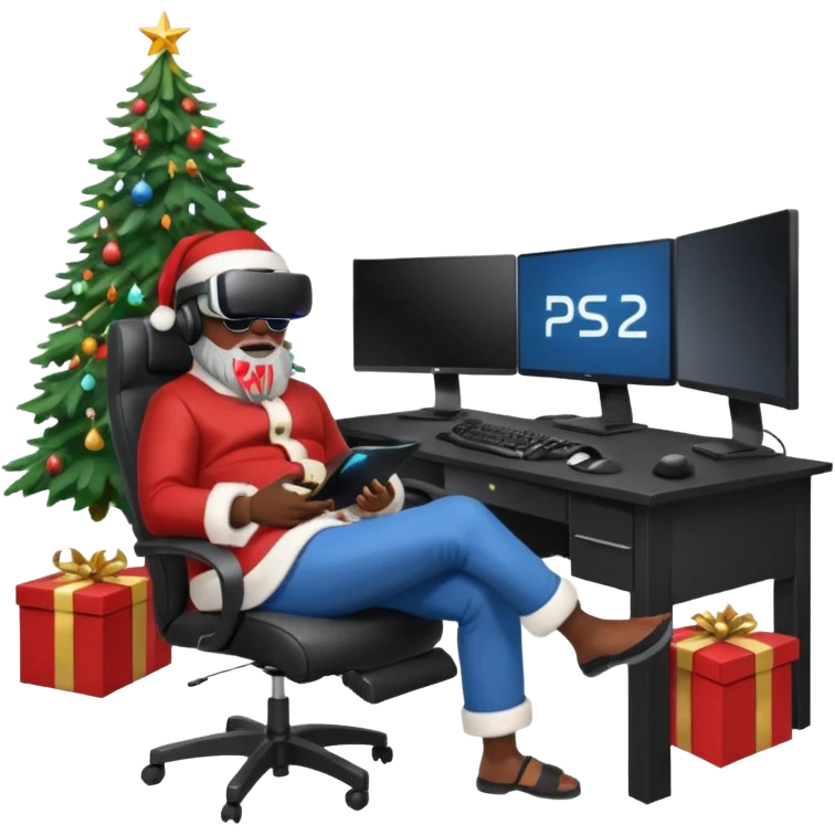Informaticien homme noir full-body, week-end détente, assis à son bureau moderne avec ordinateur affichant du code. Il porte un casque VR et tient une manette PS 2025. À côté de lui, le Père Noël souriant, sapin illuminé et cadeaux autour. emoji