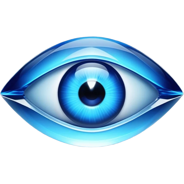 Cinematic Realistic image of a glass Evil Eye blue stone, rendered with translucent, luminous blue hues and finely cut facets that catch soft reflective light, set against a dark, minimalist backdrop to emphasize its mystical allure. emoji