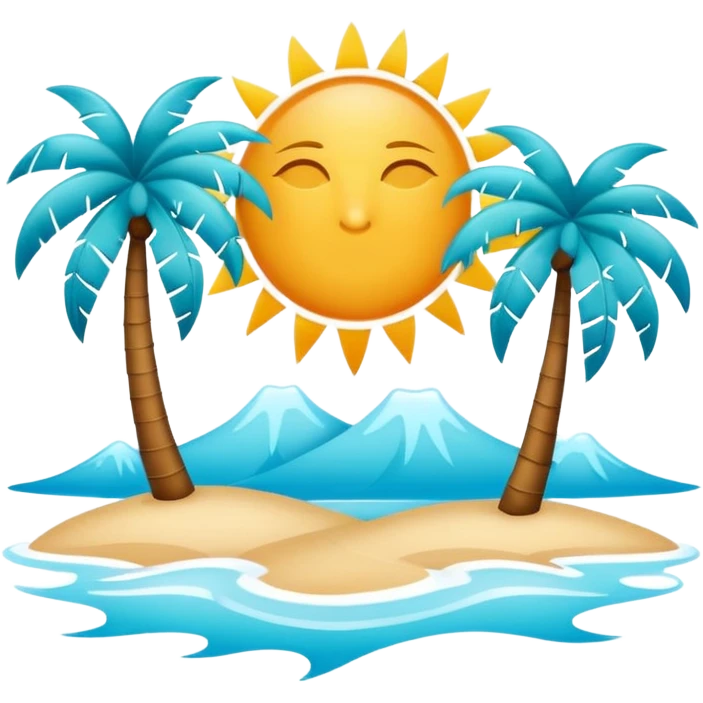 Minimalist sun and palm tree outline icon, thin contour, monoline vector, premium tropical travel emoji, aqua teal and ice blue, transparent background, 512x512 emoji