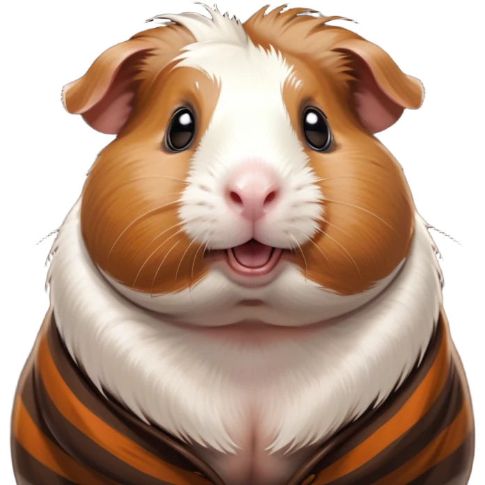 Cinematic Comical Brown and White Banded Guinea Pig Portrait Emoji, Head tilted dramatically with an exaggeratedly amused expression, featuring a striking coat with bold brown and white banding, wide, expressive dark eyes filled with playful disbelief, Simplified yet hilariously expressive features, highly detailed, glowing with a slightly sassy glow, high shine, dramatic yet playful, stylized with an air of cheeky mischief, bright and endearing, soft glowing outline, capturing the essence of a spirited and over-the-top guinea pig, so meme-worthy it feels like it could side-eye its way into internet fame instantly! emoji
