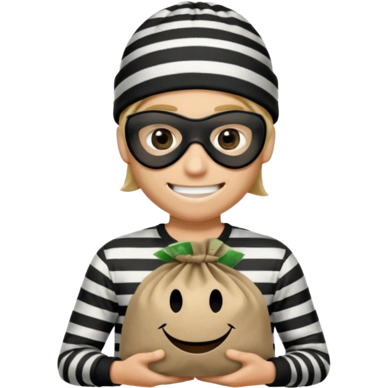 smiley robber wears black eye mask, black beanies and black and white stibes shirt with one brown money bag beside him emoji