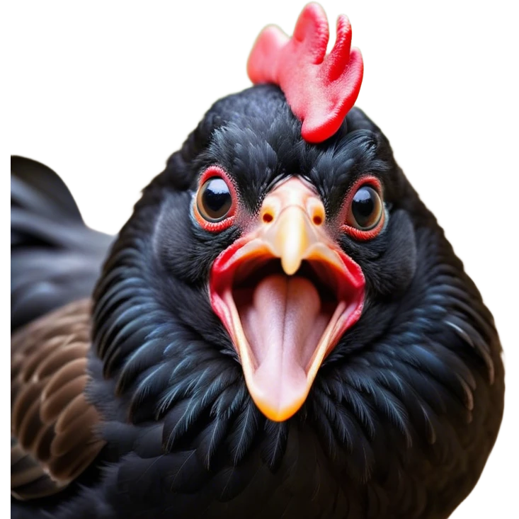 Cinematic Cute Yawning Black Chicken Portrait Emoji, Head tilted slightly with a dramatic, wide-open yawn, showcasing a soft, glossy black plumage with subtle hints of iridescence and a distinctive red comb, floppy wings slightly drooping, round beady eyes barely open in drowsy contentment, Simplified yet irresistibly adorable features, highly detailed, glowing with a soft, cozy glow, high shine, relaxed yet expressive, stylized with a touch of whimsy, bright and endearing, soft glowing outline, capturing the essence of a sleepy yet affectionate chicken, so drowsy it feels like it could stretch out of the screen and curl up for a nap! emoji
