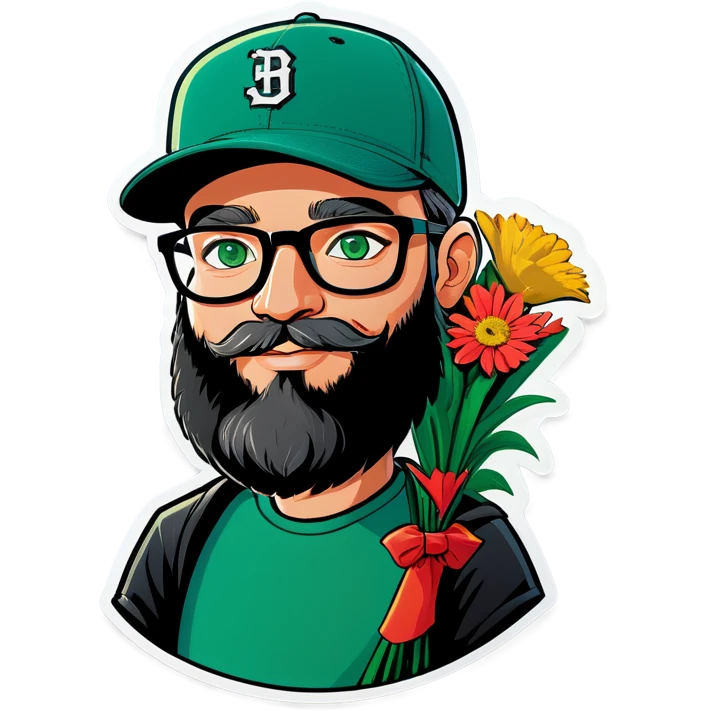 A bold man with a grey baseball cap, green eyes, big beard and glasses, holding a bouquet  emoji