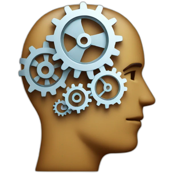 thinking serious man's head with 3 gears in the head emoji