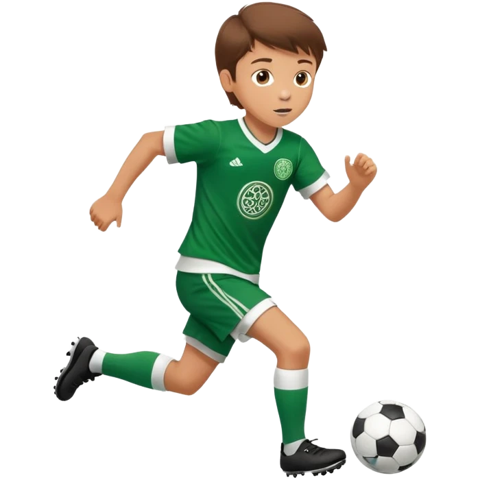 Brown hair 6 years old white boy footballer RUNNING playing soccer wearing CELTIC  UNIFORM  ( jersey) # 17 in the jersey !  emoji