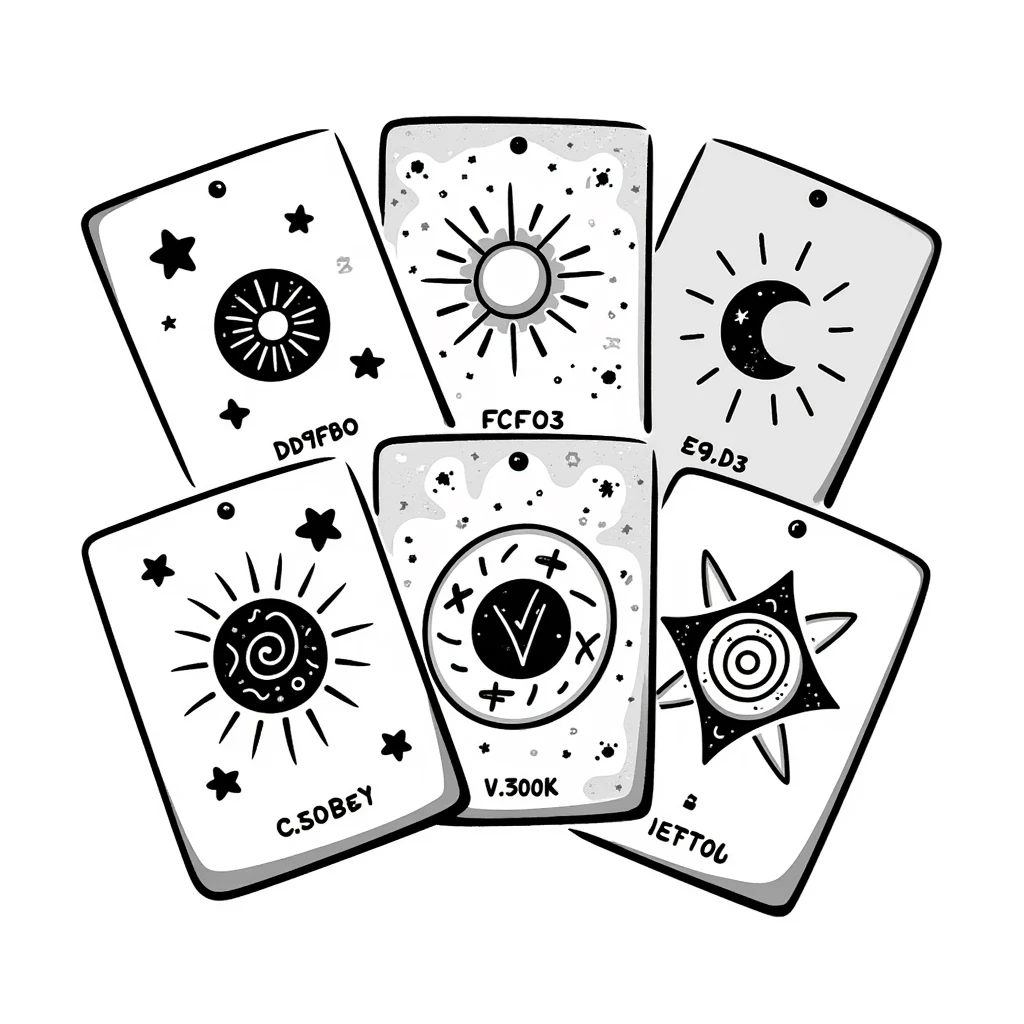Mystical tarot cards arranged in a fan or spread pattern with celestial and mystical symbols. Using specific pastel colors (dd9fb0, ffc6d3, a3bfc9, c4bee2, f1b091). Hand-drawn doodle style with intricate details of cards showing symbols like sun, moon, stars. Transparent background. emoji