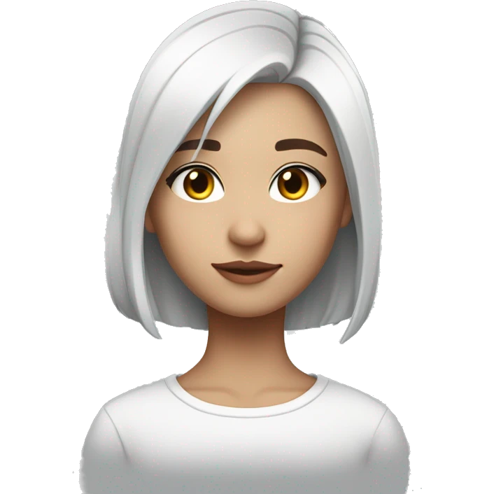 Girl of short straight hair with Tomboy style cut, pure white hair color with gray gradient at the ends of her hair, she has heterochromia emoji