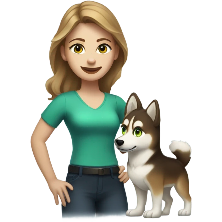 White Woman hair brown and bleus eyes and golden Husky With green eyes emoji