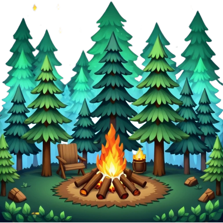 pixel art of a forest at night, with a campfire in the center. there are tall and short trees. emoji