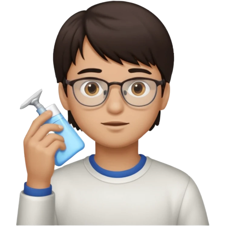 boy dark brown hair with bangs with straight eyebrows cleaning emoji