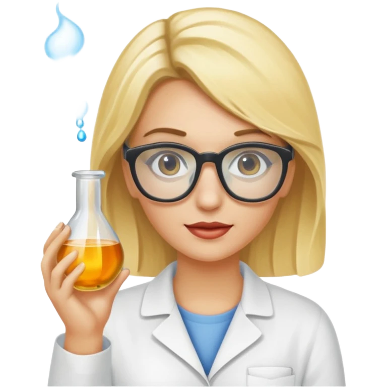 Eine hellblonde Chemikerin mit typischem Erlmeyerkolben in der Hand und Laborbrille auf emoji