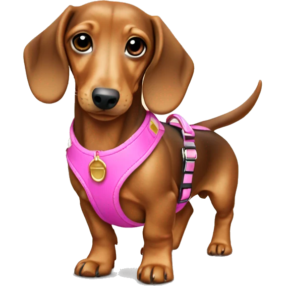 Gold miniature dachshund with pink harness emoji