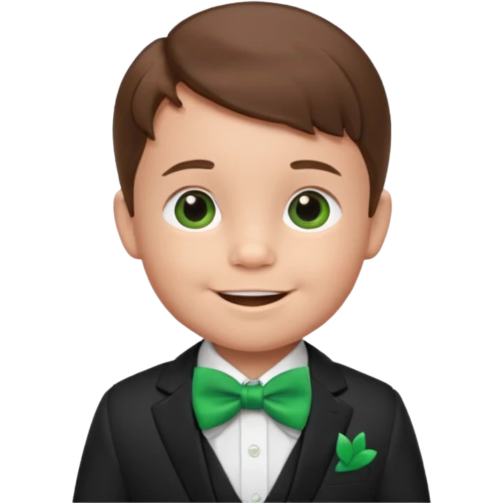 baby cute boy, brown hair in suit, with green bow, smile emoji