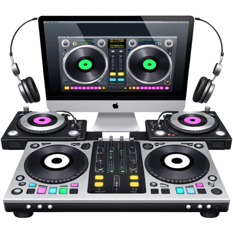 Create a professional and technical emoji that represents remixing music. The design should feature a high-end DJ controller, turntables with vinyl records, and a sound mixing console with faders to symbolize the technical aspects of remixing. Include elements like studio headphones and a laptop or digital audio workstation (DAW) screen to reflect the tools used in music production. Use colors like black, silver, and neon accents to convey the professional, high-tech nature of remixing. The background should be transparent. emoji