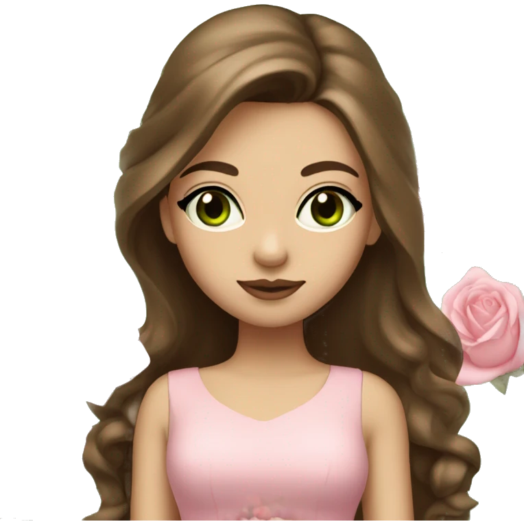 girl long brown hair, big lips green eyes, very fair skin and a pink dress and white roses emoji