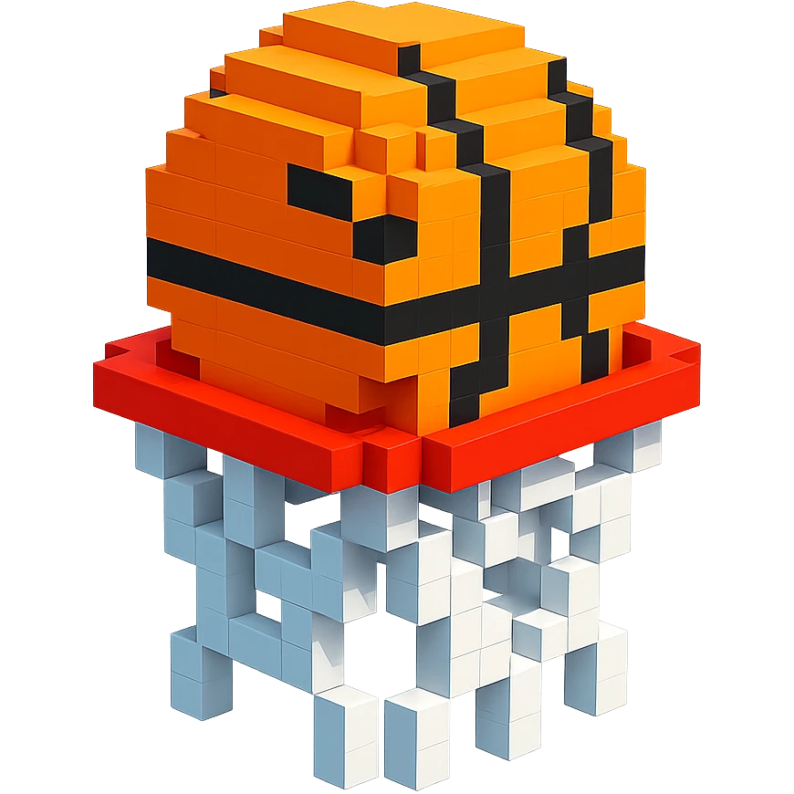 Voxel-style basketball in a net, variation 4 emoji