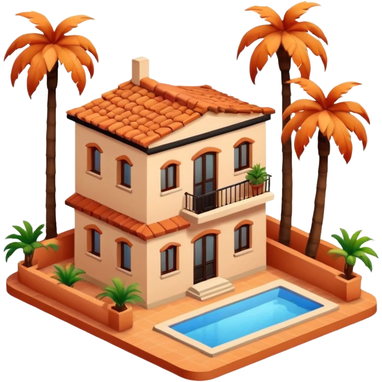Spanish airbnb, palm trees isometric exterior emoji