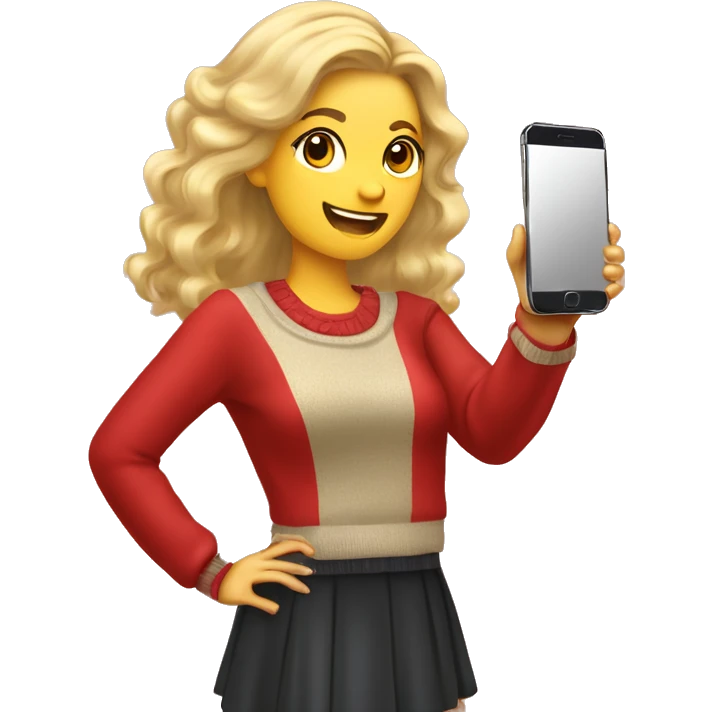 woman with blonde hair, back view, red bow in her hair, dressed in sweater and skirt, holding a smartphone to take a mirror selfie, She has a small red handbag with a gold strap over her shoulder emoji