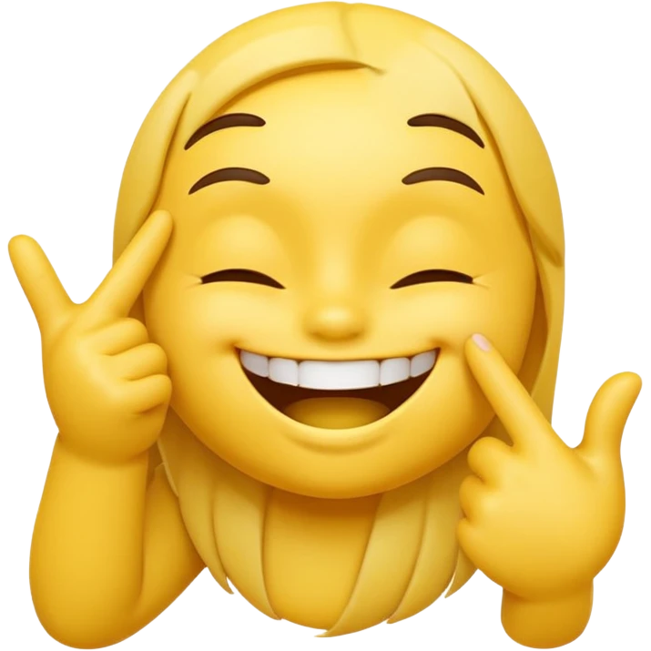 Yellow 3D emoji face, closed smiling eyes, wide toothy grin, one hand with index finger touching the mouth, playful flirty expression, clean emoji style. emoji