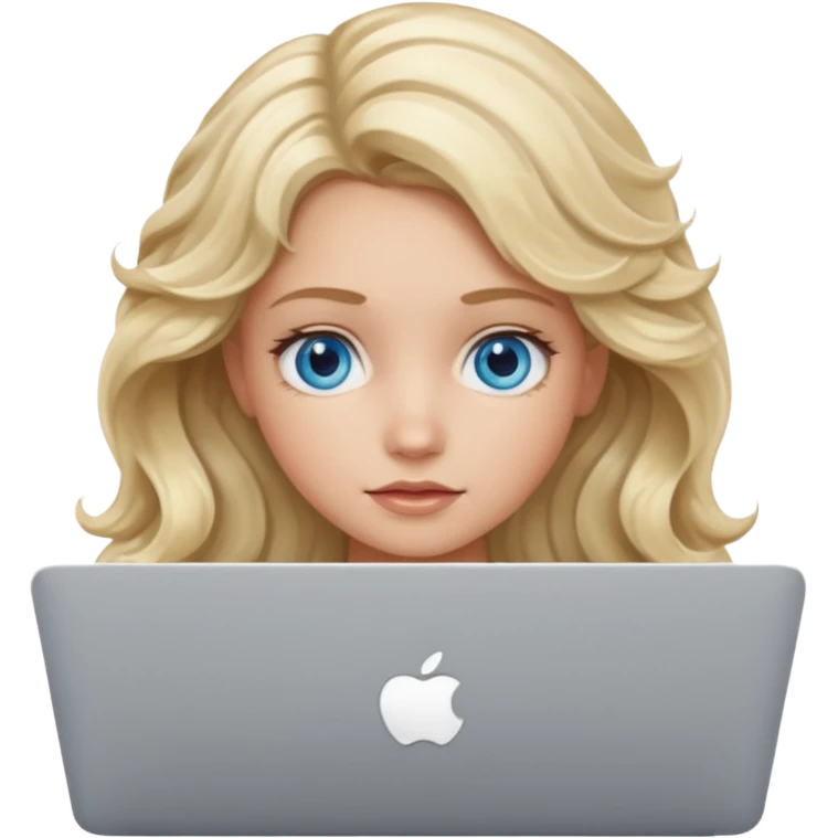 blond girl, blue eyes, hair wavy, , behind her silver colored laptop from apple emoji